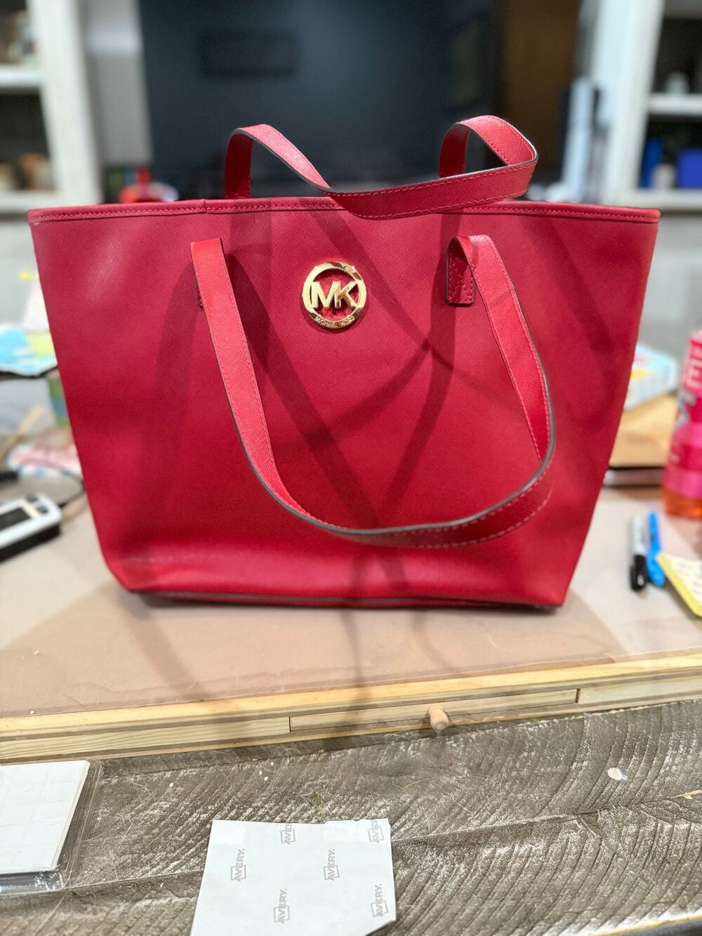 110. Michael Kors Jet Set Travel Medium Red Saffiano Leather Tote Bag